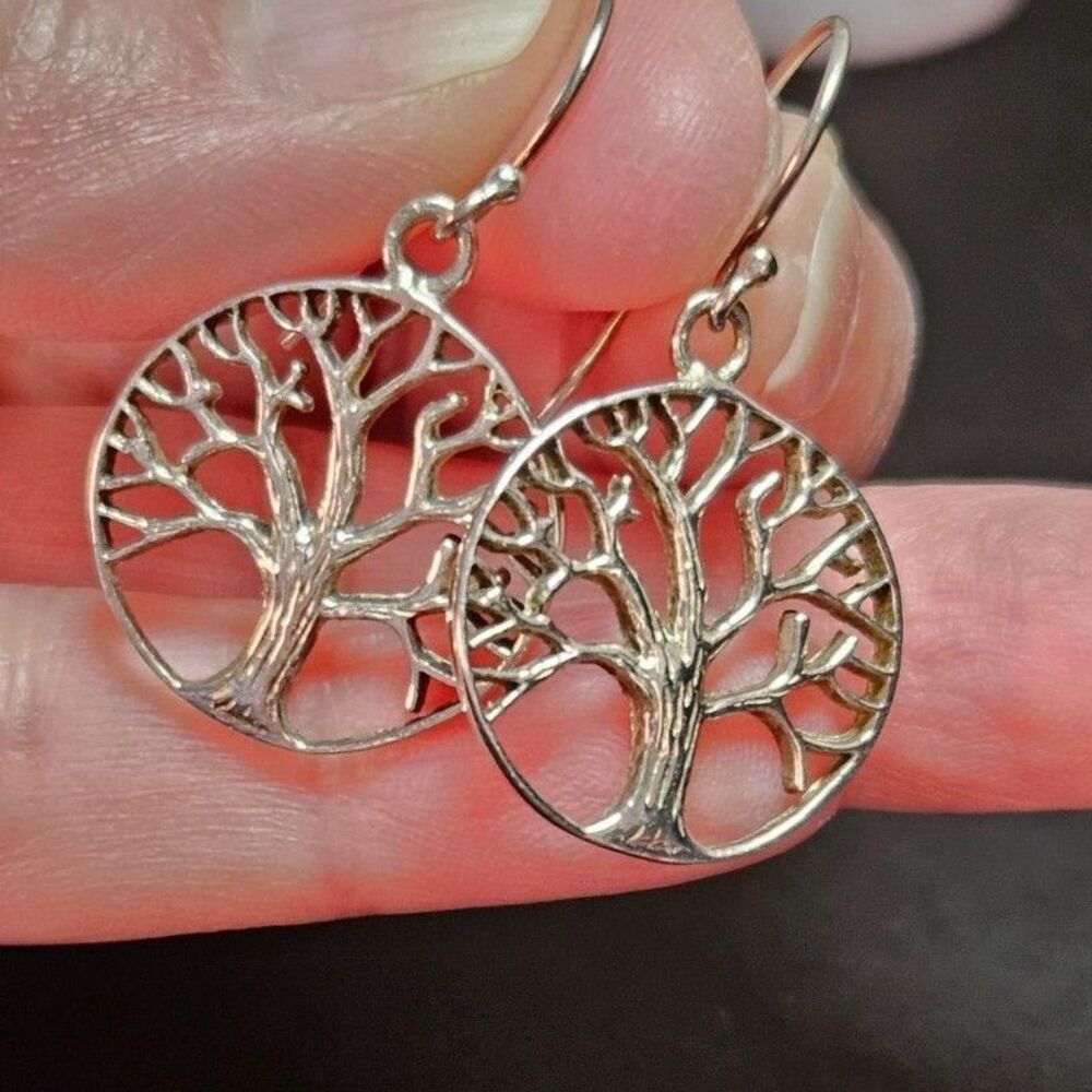 Vintage Sterling Silver Tree of Life Round Dangling Earrings